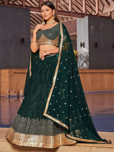 Stunning Green Sequins Georgette Reception Wear Lehenga Choli